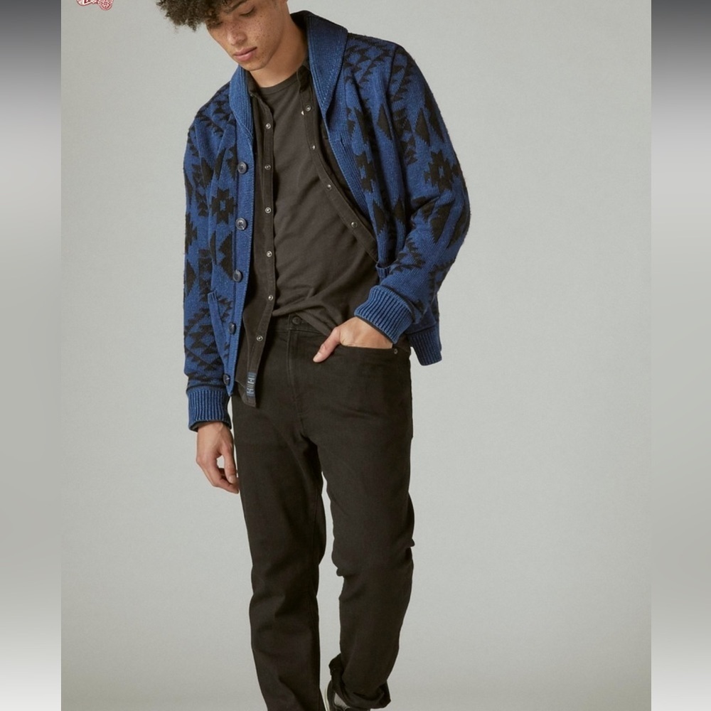 Lucky Brand Blue Black Aztec Cardigan Long Sleeve Front Buttons XL front buttons